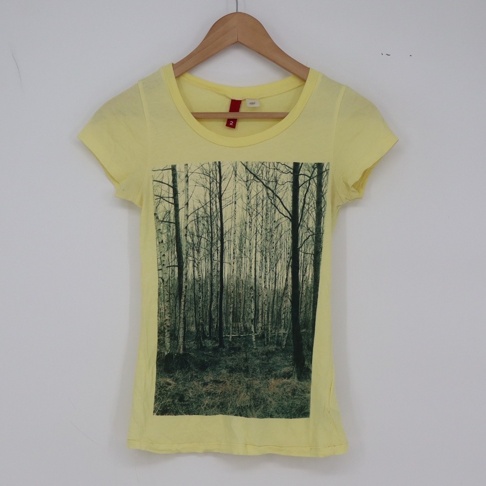 Divided H&M Graphic Tee Womens 2 Forest Birch Trees Yellow Short Sleeve